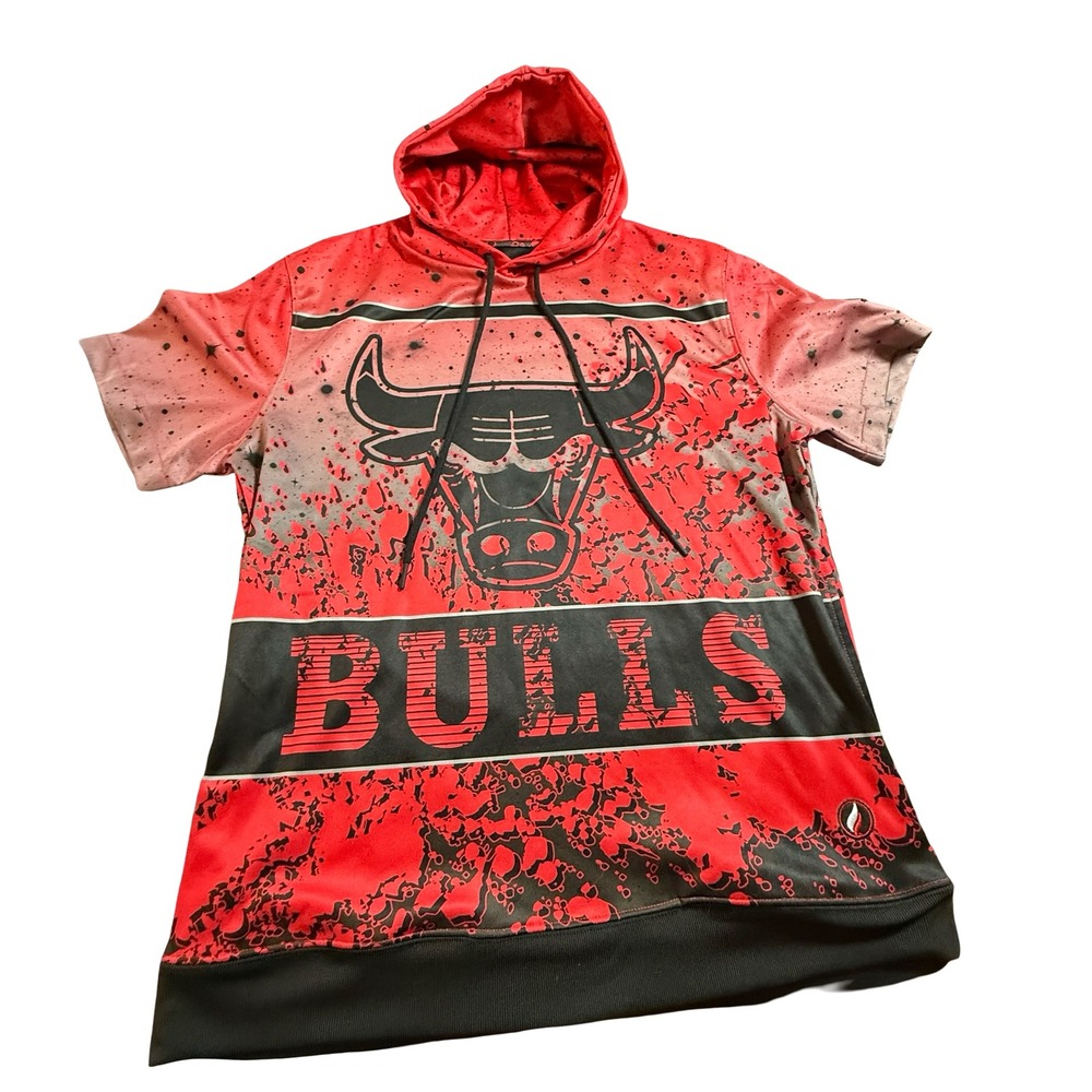 FISLL NBA Chicago Bulls Mens Red Black Splatter Short Sleeve Hoodie M Retro 90s